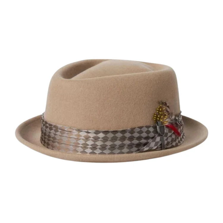 Warm felt hat with plush interior lining -Brixton Stout Pork Pie - Sand/Sand Check