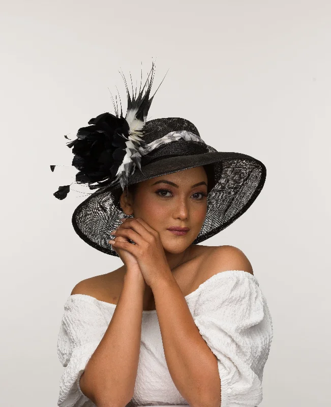 Stylish felt hat with wide brim elegance -Dusk Aveline- black formal hat with feather flower