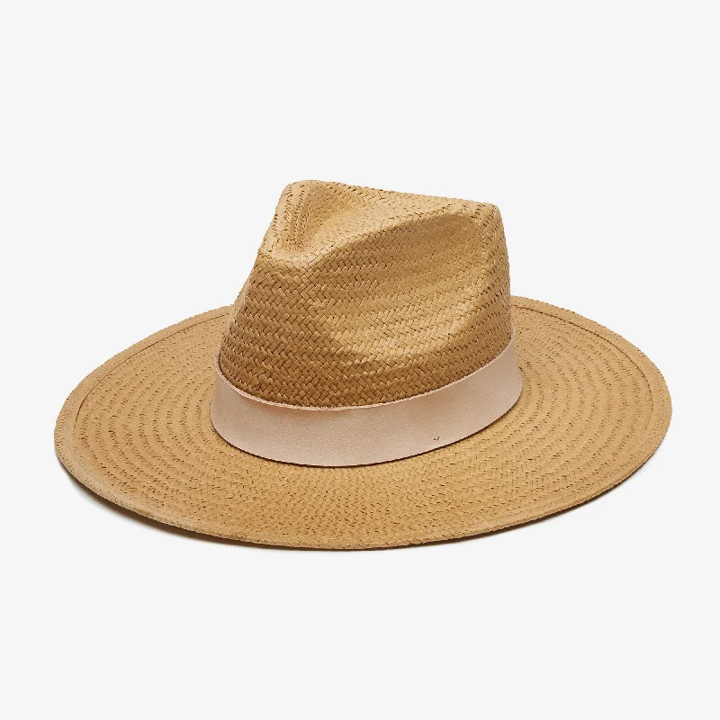 Classic straw hat for women with wide brim for sun protection -Slater in Camel