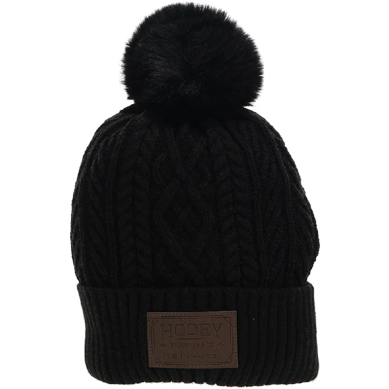 Designer baseball cap for luxury streetwear -"Hooey Beanie" Black w/Leather Patch & Pom Pom