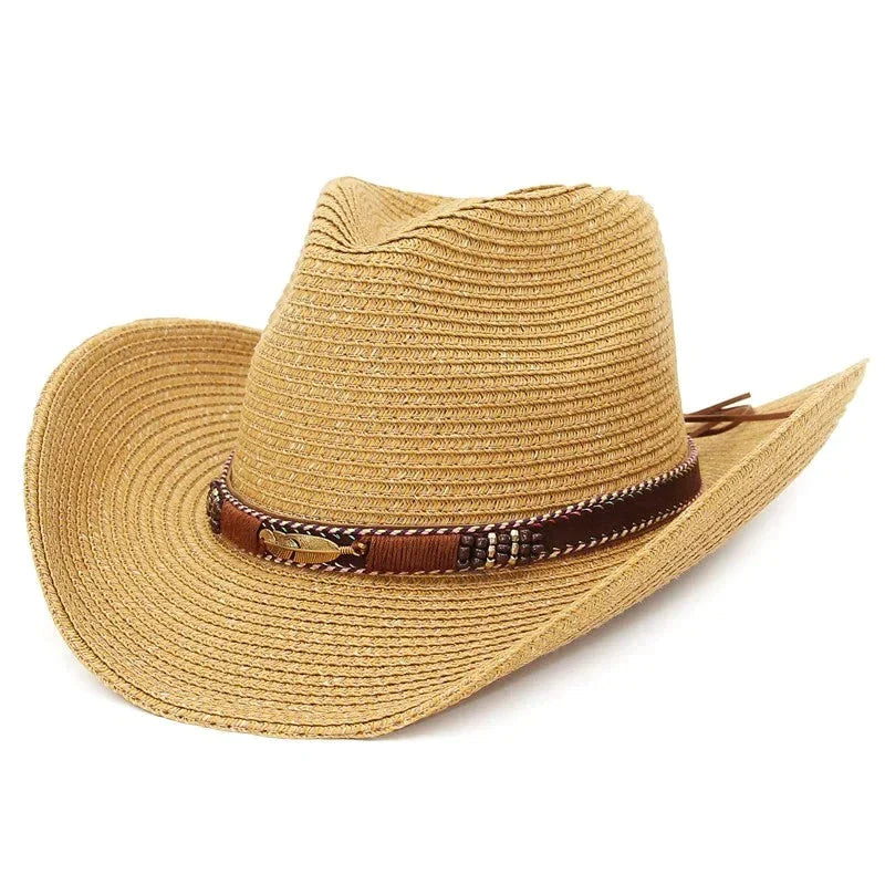 Beach-ready straw sun hat for women with wide brim and chic style -Western Cowboy Straw Sun Hat