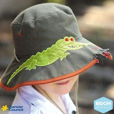 Patchwork Bucket Hat for Unique -Cancer Council Kid's Wide Brim Croc Hat - Khaki