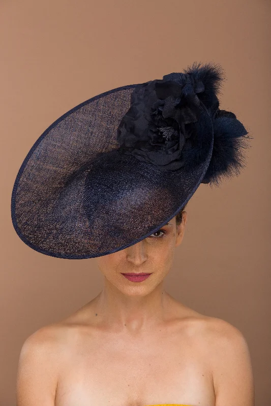 Designer felt hat with artistic wool craft -Lauren- classic styled monochrome navy blue fascinator with fur