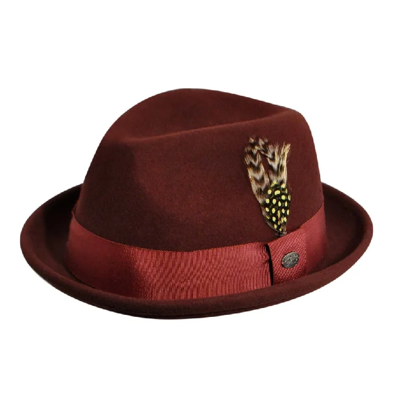 Warm felt hat with plush interior lining -Bailey Cloyd in Oxblood Center Dent Wool Felt Trilby Hat