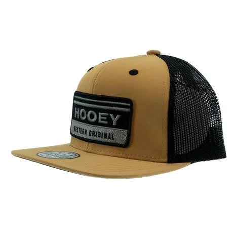 Brown Baseball Cap for Earthy -"Horizon" Hooey Tan / Black 6-Panel Trucker with Black / Grey Rectangle Patch - 2235T-TNBK