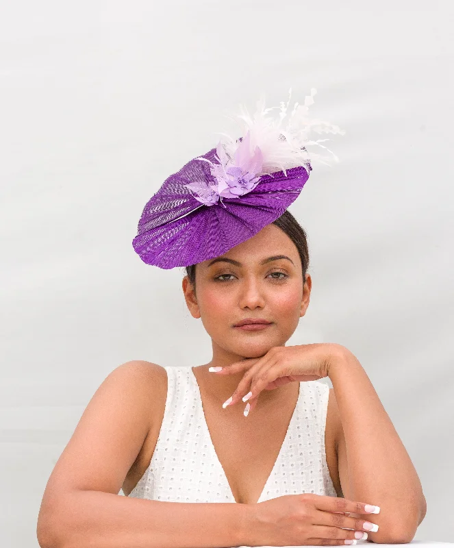 Handmade felt hat with unique artistic flair -Fascinator Purple With Lilac Feathers (Parterre de fleur)