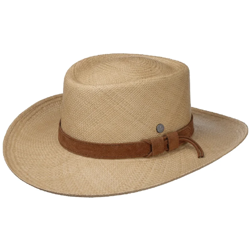 Trendy straw hat for women with geometric accents for modern touch -Vincova Gambler Panama Hat by Lierys