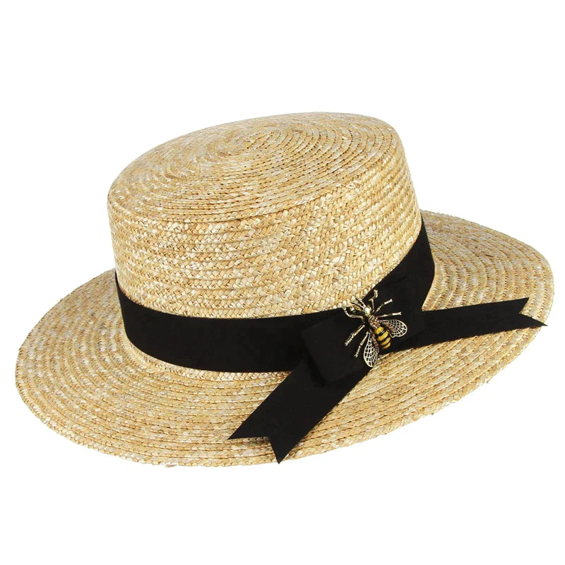 Stylish straw bucket hat for men with relaxed fit and fashionable appeal -Panama Bow Flat-Top Straw Hat