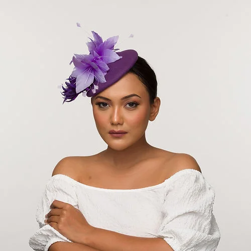 Stylish felt hat with wide brim elegance -Purple felt fascinator with floral trims