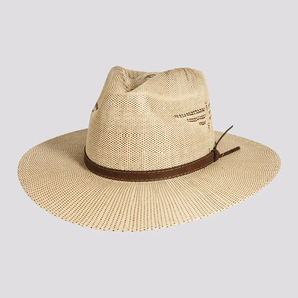 Natural straw sun hat for men with breathable design for hot weather -Dover | Mens Bangora Straw Flat Brim Pinch Front Sun Hat