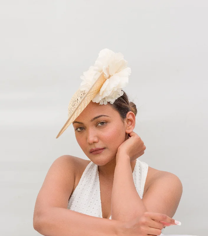 Affordable felt hat for budget-friendly accessorizing -Angel- beige fascinator with ivory flowers