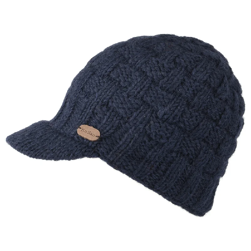 Premium snapback cap with flat bill design -Kusan Basket Weave Peaked Beanie Hat - Navy Blue