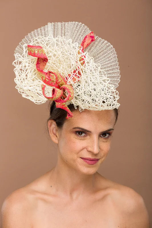 Classic wool felt hat for enduring style -Freshet- off white fascinator with peach twirl mount