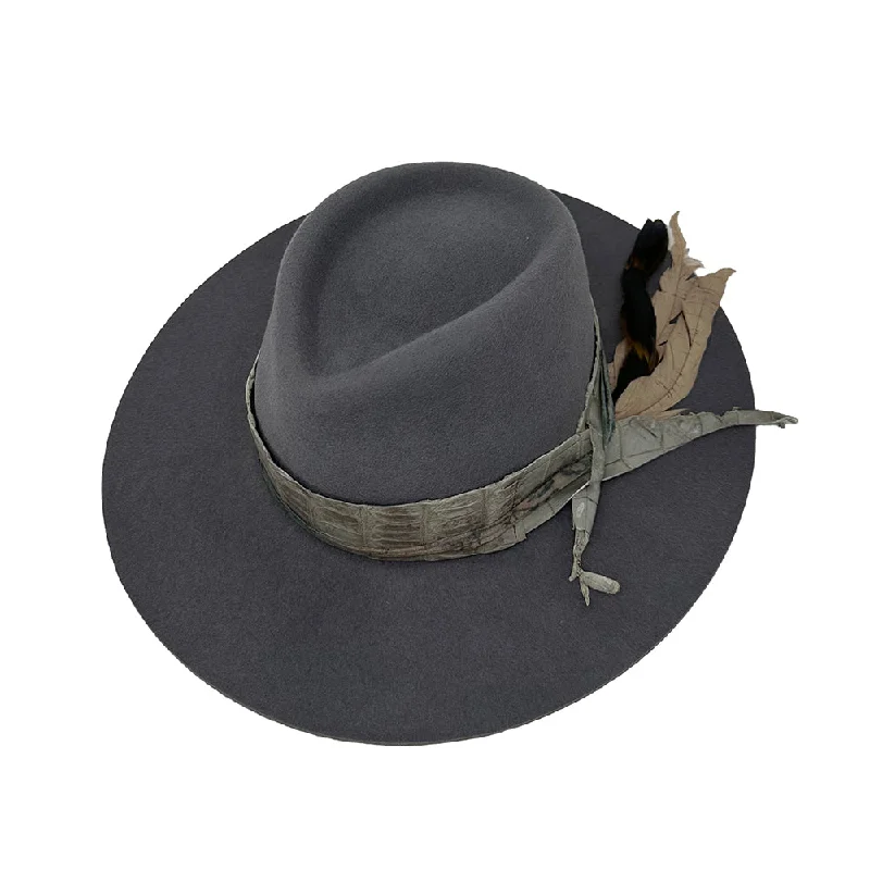 Handcrafted wool felt hat for unique beauty -Grey Flat Brim Fedora with Grey Alligator