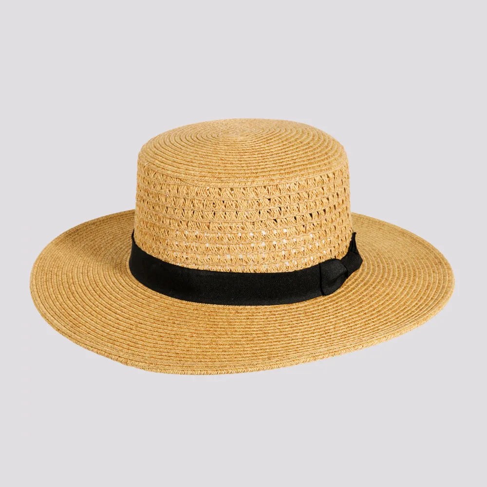 Handcrafted straw beach hat for women with elegant design and casual appeal -Rialto | Womens Sewn Paper Braid Boater Sun Hat with Ribbon Band