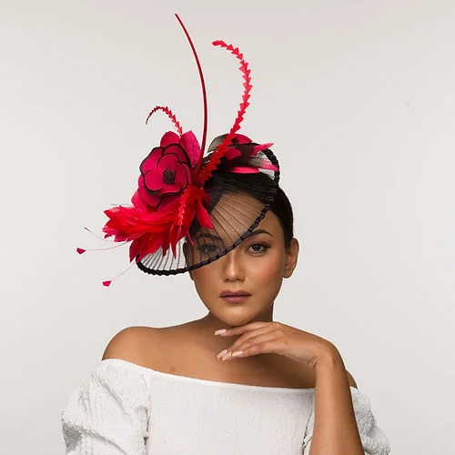 Affordable felt hat with simple chic look -Adira- black fascinator base with red and black flower