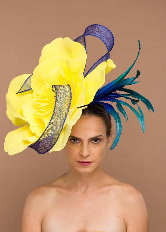 Designer wool felt hat for luxury lovers -Mariana- Large flower fascinator with blue twirls and feathers