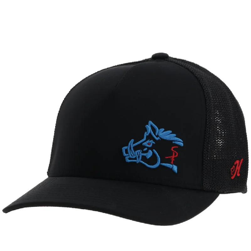 Striped Baseball Cap for Fashion -Sniper Pig Black 6-Panel Trucker with Sniper Pig Logo in Blue/Red - OSFA - SP001T-BK