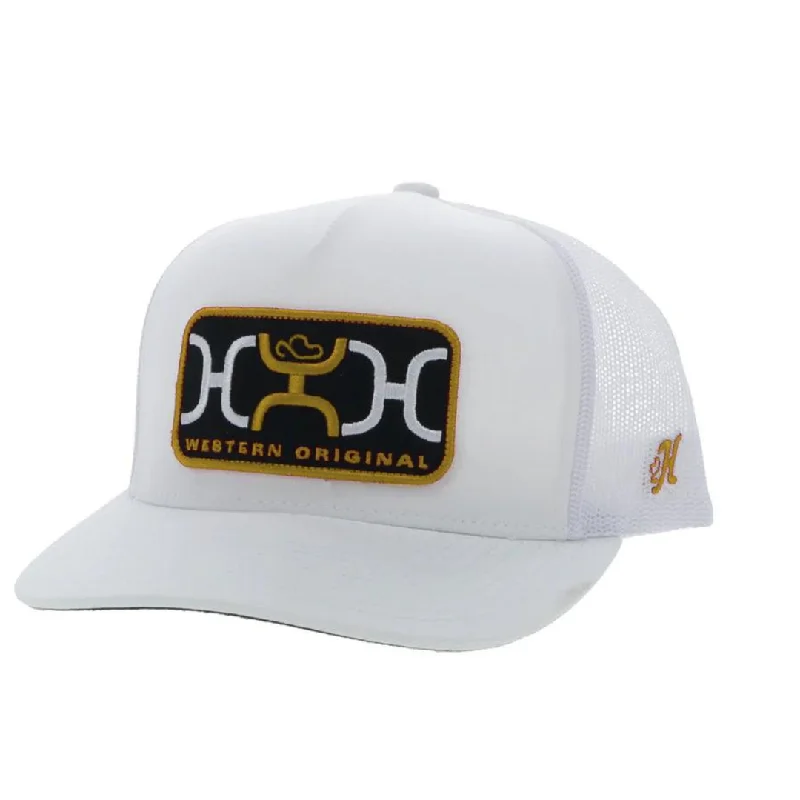 Leather Baseball Cap for Luxury -Loop Hooey  White 5-Panel Trucker with Gold Black Rectangle Patch By Hooey 2359T-WH