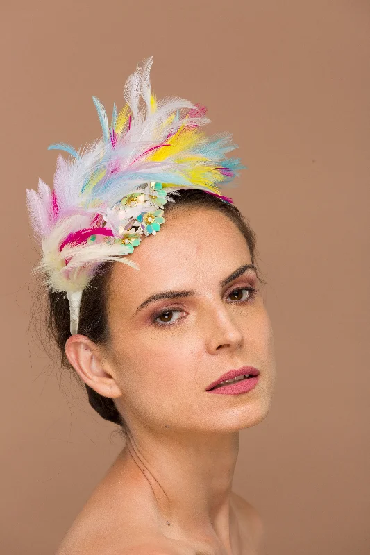 Soft wool felt hat for cozy softness -Hosana- Versatile rainbow feathers hairband with golden flowers