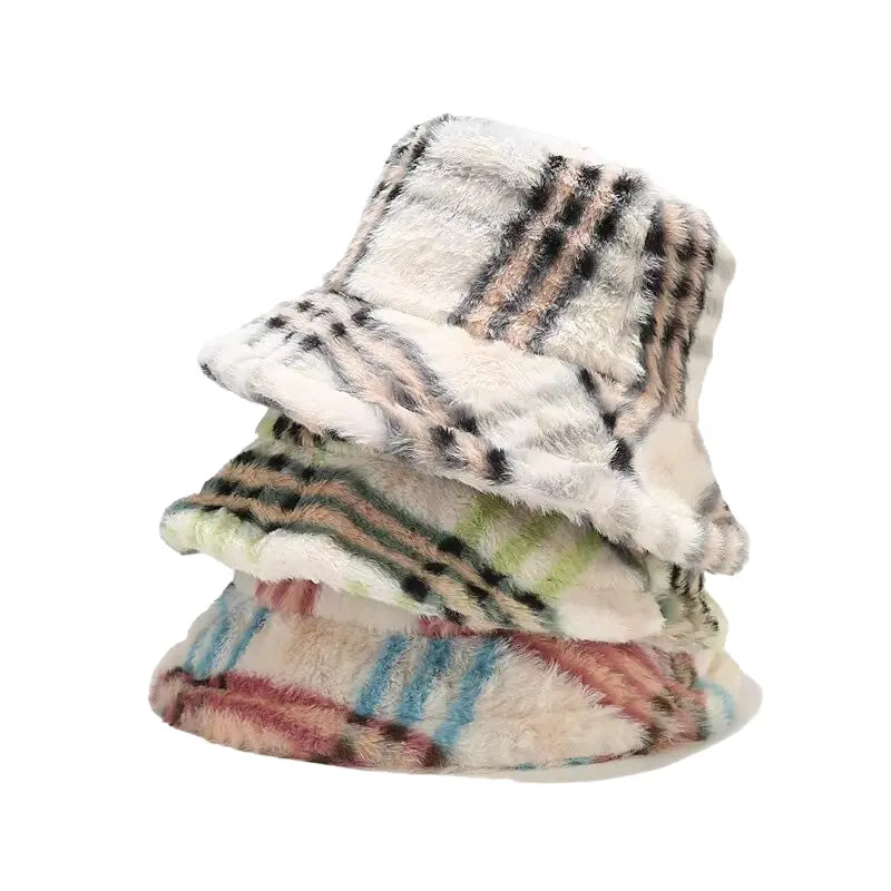 Fringed Bucket Hat for Edge -Taylor Fur Plaid Bucket Hat