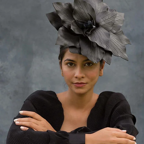 Waterproof felt hat for rainy season protection -Black and silver floral fascinator