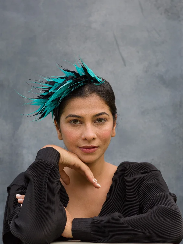 Handcrafted wool felt hat for unique beauty -Piper- black and teal feather extension