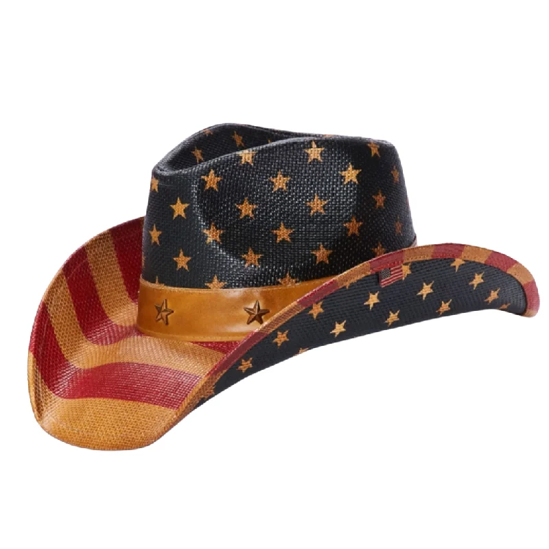 Beach-ready straw sun hat for women with wide brim and chic style -Vintage American Flag Straw Hat R10