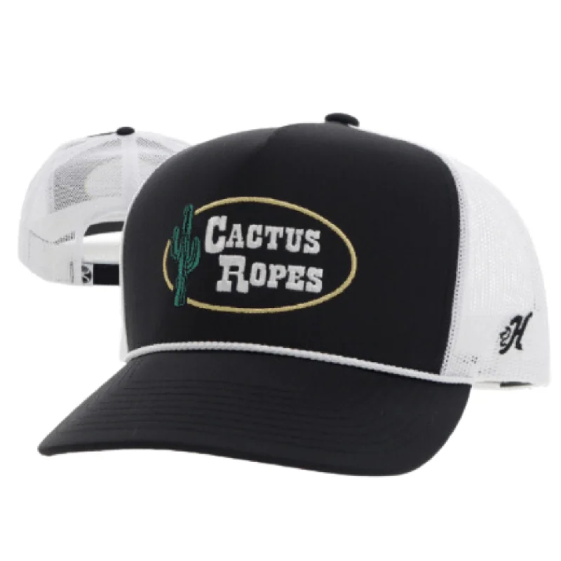 Nylon Baseball Cap for Lightweight -Cactus Ropes Black/ White 5-Panel Trucker with White/Yellow Stitching- CR106