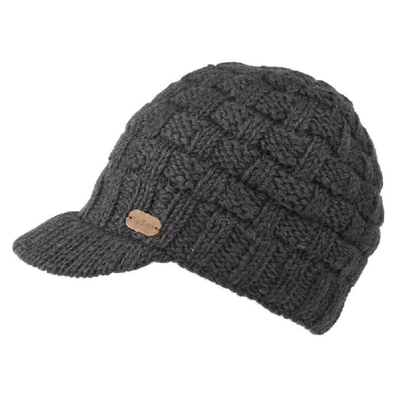 Retro striped cap for vintage sporty vibes -Kusan Basket Weave Peaked Beanie Hat - Charcoal