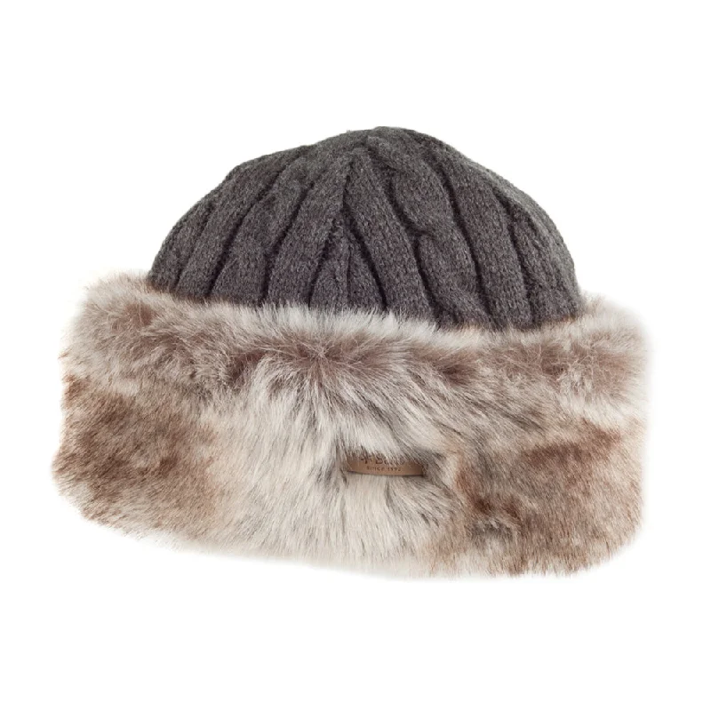 Mesh dad cap for ventilated hot days -Barts Hats Faux Fur Cable Knit Beanie Hat - Charcoal-Tan