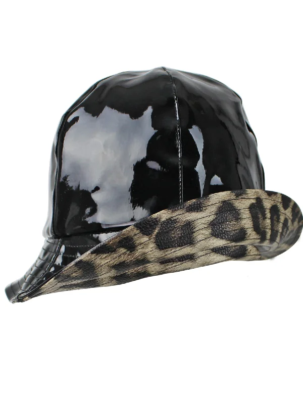 Wedding Bucket Hat for Ceremony -Black Water Proof Bucket Rain Hat With Leopard Trim