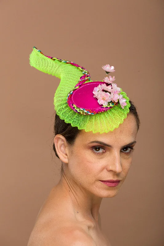 Lightweight wool felt hat for travel ease -Felt Fascinator Pink Neon Sculpted Shell (Ariel)