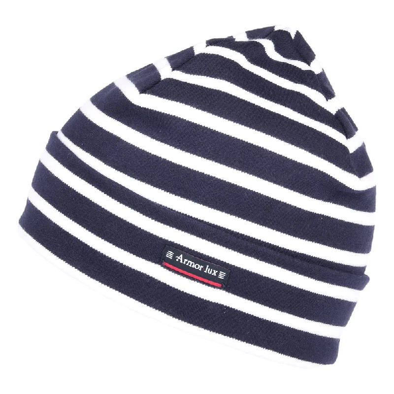 Wool blend cap for cozy fall fashion -Armor Lux Treguier Cotton Interlock Striped Beanie - Navy-White