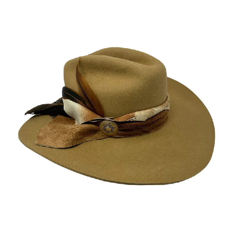 Vintage-style felt hat with subtle distressing -Le Twat Camel with Deerskin & Concho