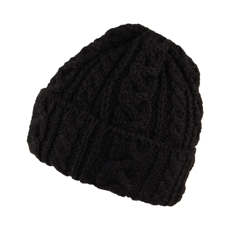 Lightweight cap with quick-dry fabric finish -Highland 2000 Cuffed Cable Knit English Wool Beanie Hat - Black