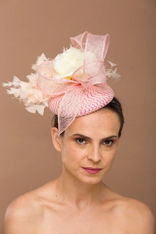 Casual felt hat for laid-back fashion days -Maya- Pink fascinator base with yellow flower and peach trim