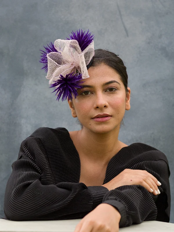 Stylish wool felt hat for trendy looks -Cleo- Lilac fascinator with purple biot feathers