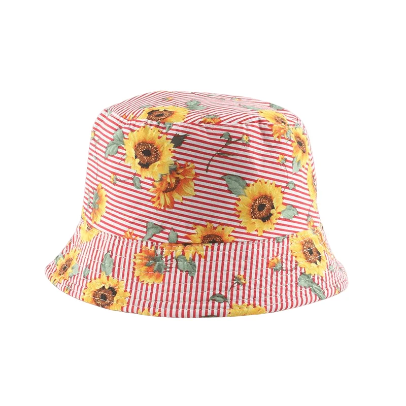 Gothic Bucket Hat with Dark Tone -Sunflowers Striped Cotton Bucket Hat