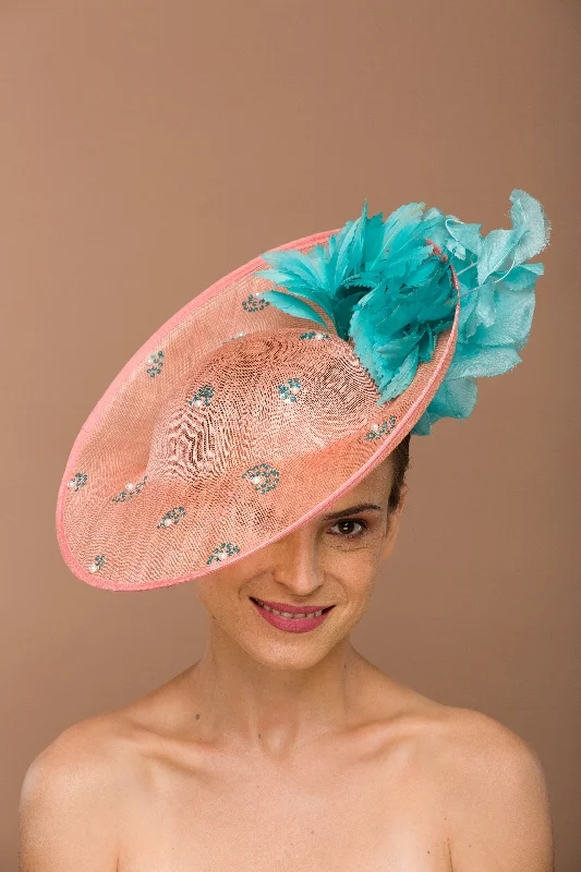 Durable felt hat with sturdy wool build -Embroidered Peach Fascinator (Chrstine)