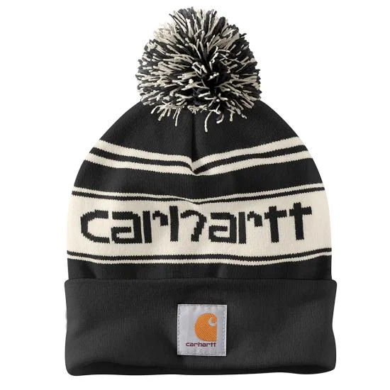 Wool blend cap for cozy fall fashion -Carhartt Knit Pom-Pom Cuffed Logo Beanie