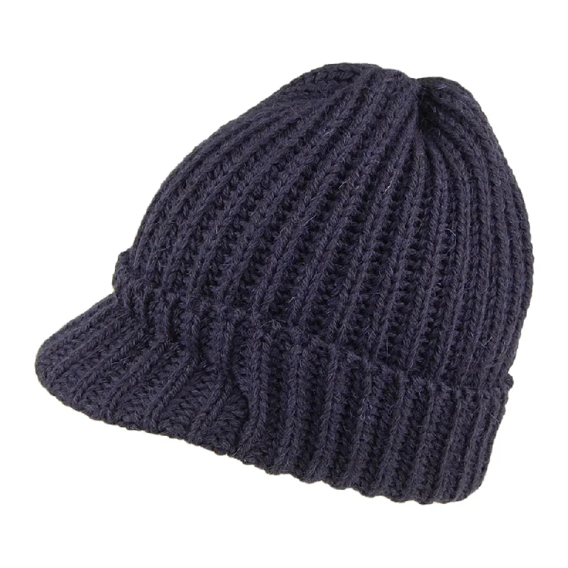 Retro cap with faded wash finish -Highland 2000 English Wool Small Peak Beanie Hat - Navy Blue