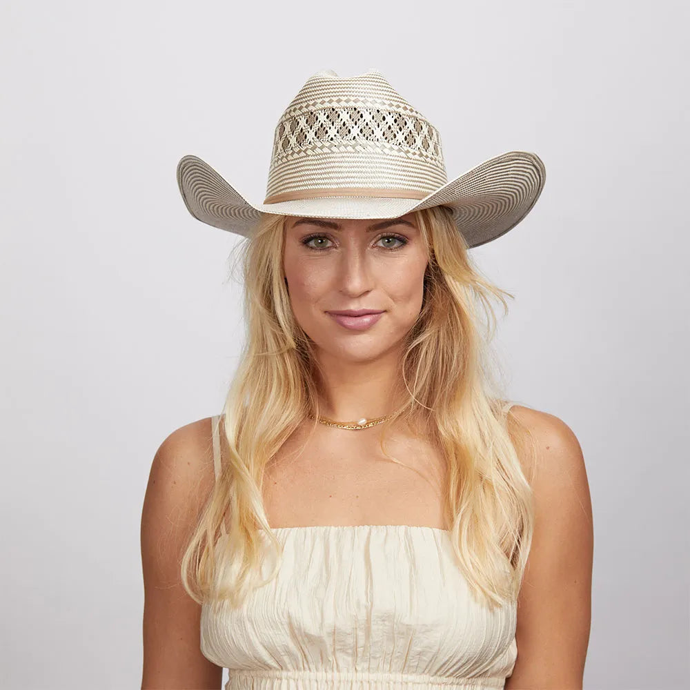 Classic straw boater hat for men with flat top and vintage vibe -Waco | Womens Shantung Straw Cowgirl Hat