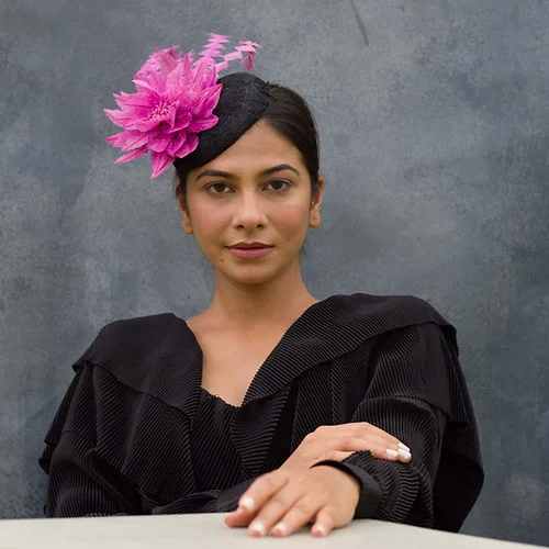 Handmade felt hat with unique artistic flair -Black fascinator with fuschia flower