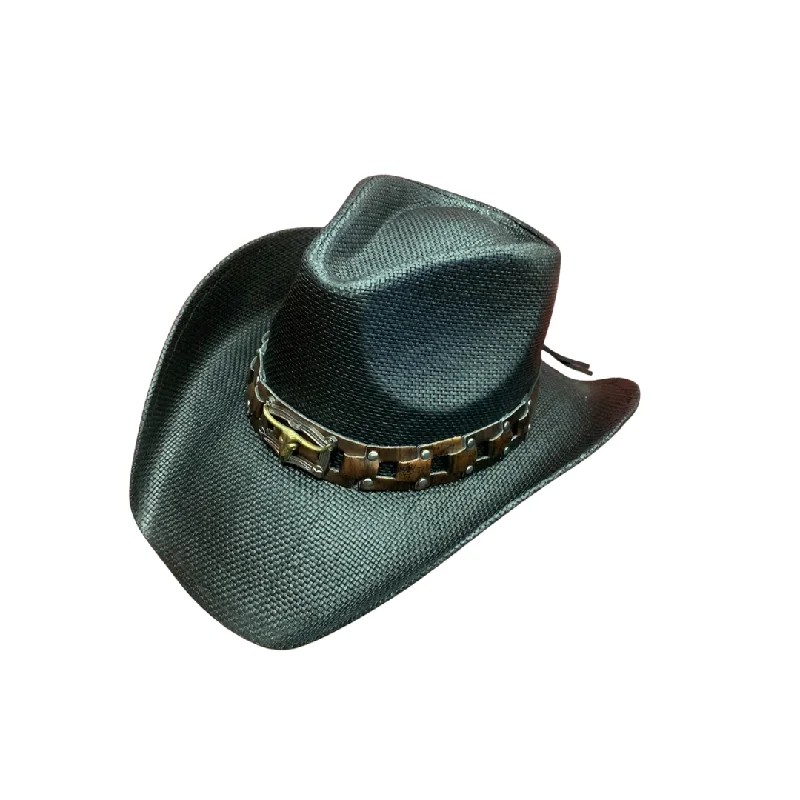 Comfortable straw hat for men with adjustable strap and breathable design -Black Longhorn Chain Hatband Straw Hat ST-108-BK