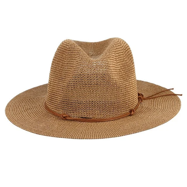 Eco-friendly straw hat for women with sustainable design and natural fibers -Straw Sun Hat with Leather Ribbon Hatband