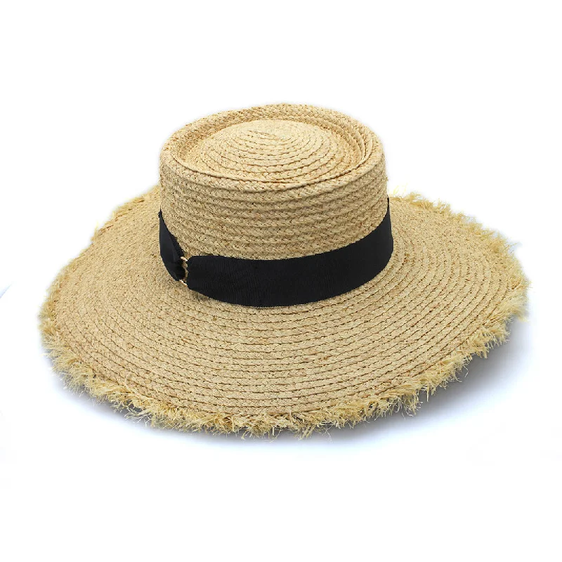 Oval Shaped Baseball Cap for Grace -Quinn Raffia Wide Brim Hat - Natural Black