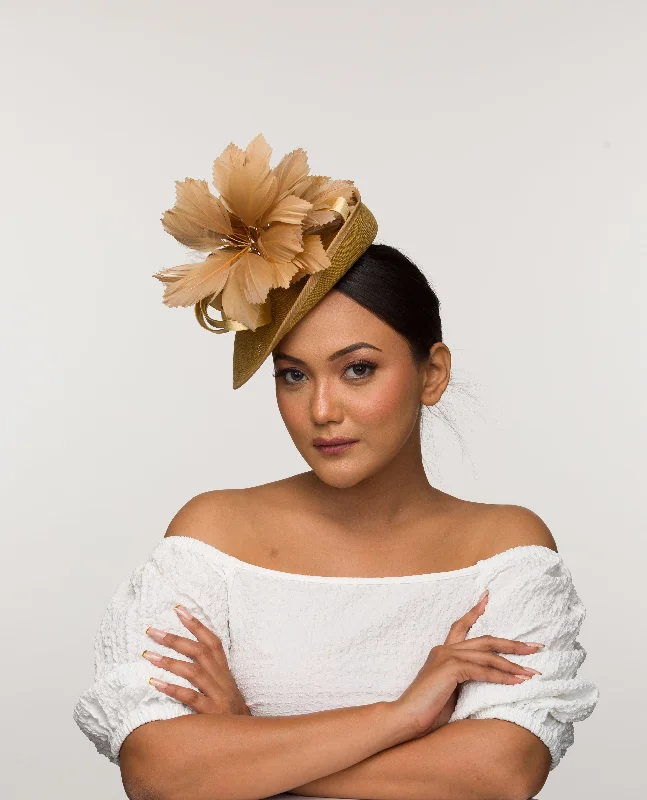 Durable felt hat for rugged outdoor wear -Gold fascinator base with feathers and twirls