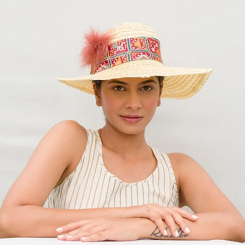 Designer felt hat with intricate stitching patterns -Carp- Sun Hat with Patola hatband