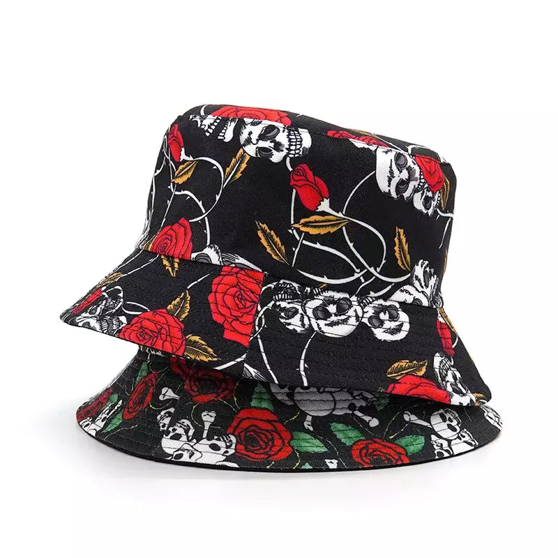 Oval Shaped Bucket Hat for Grace -Skulls & Roses Reversible Black Bucket Hat